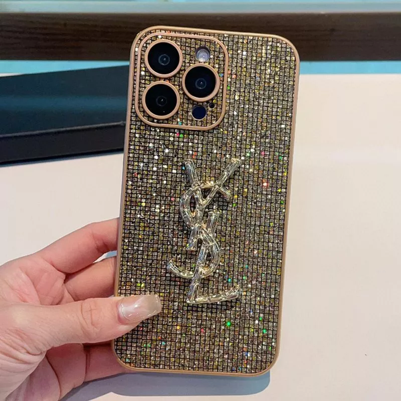 Cheap Saint Laurent Cassandre iPhone Case In Silicon with Glitter Crystals Gold 0119