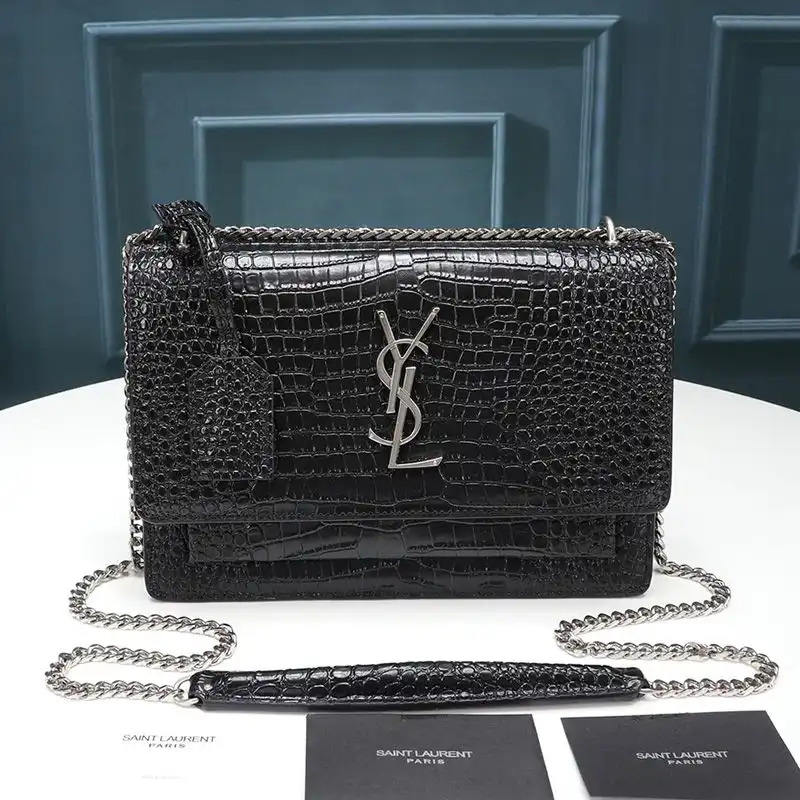 Cheap Saint Laurent Medium Sunset Chain Bag In Crocodile Embossed Leather Black Silver 0123