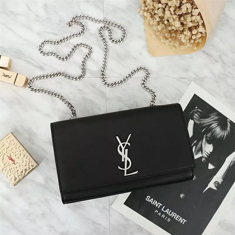 Saint Laurent Medium Kate Chain Bag In Leather Black Silver 0112