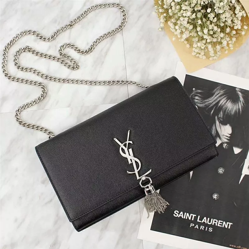 Cheap Saint Laurent Medium Kate Chain Bag with Tassel In Grained Leather Black Silver 0115