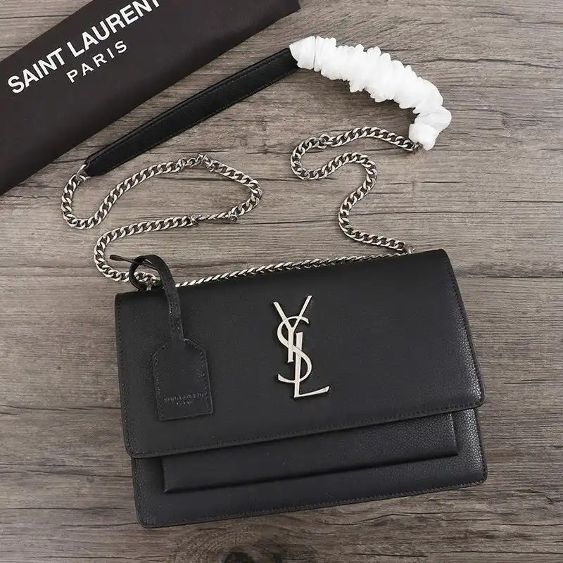 Cheap Saint Laurent Medium Sunset Chain Bag In Textured Leather Black Silver 0123