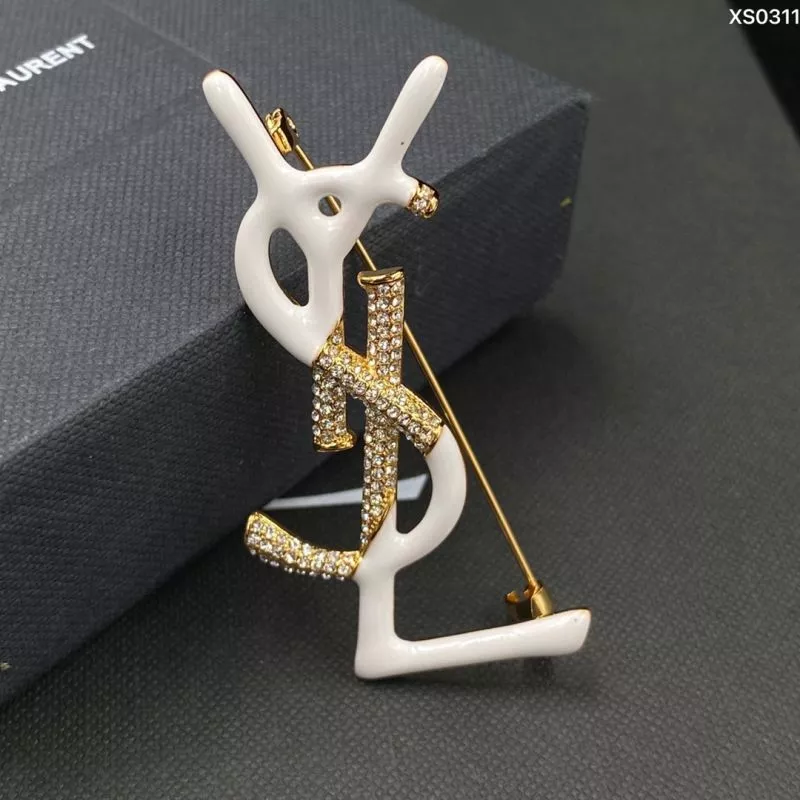 Cheap Saint Laurent Opyum Brooch In Metal, Enamel and Crystals Gold White 0117