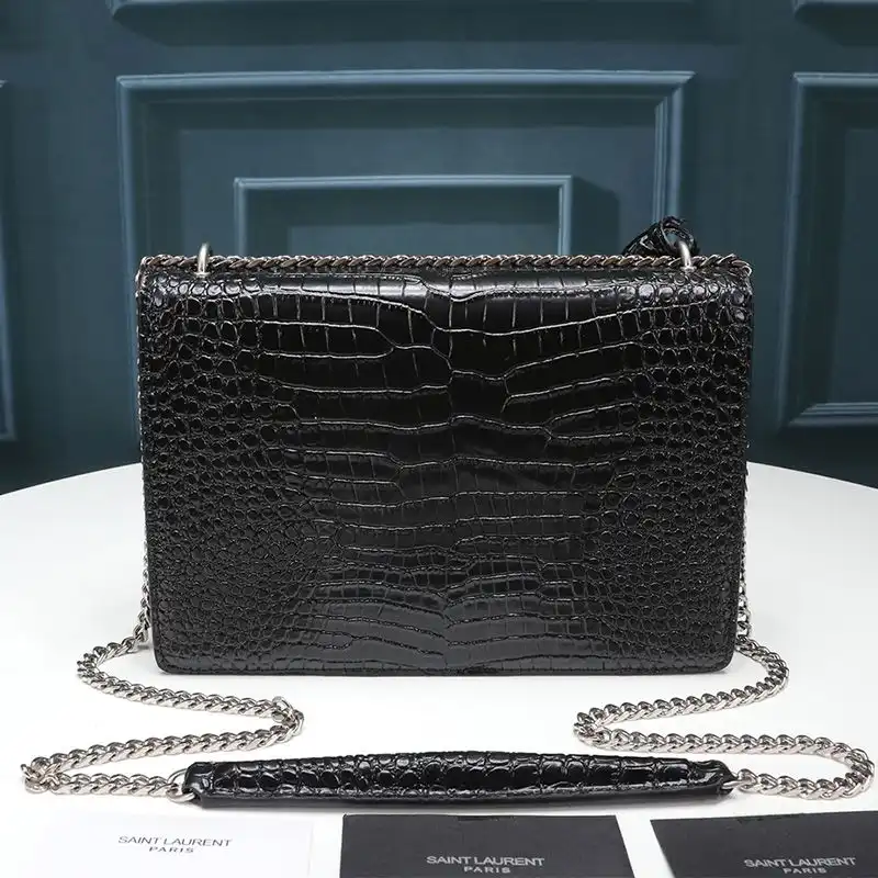 Cheap Saint Laurent Medium Sunset Chain Bag In Crocodile Embossed Leather Black Silver 0123