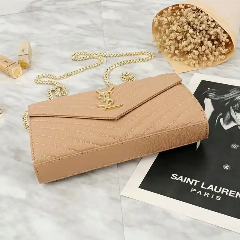 Cheap Saint Laurent Large Monogram Chain Wallet In Grained Matelasse Leather Apricot Gold 0126