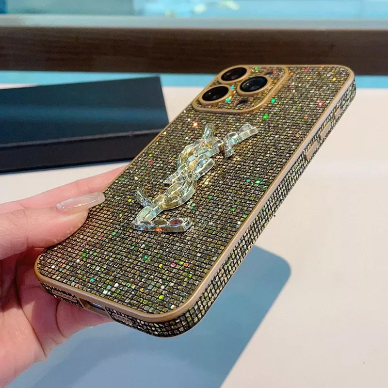 Cheap Saint Laurent Cassandre iPhone Case In Silicon with Glitter Crystals Gold 0119