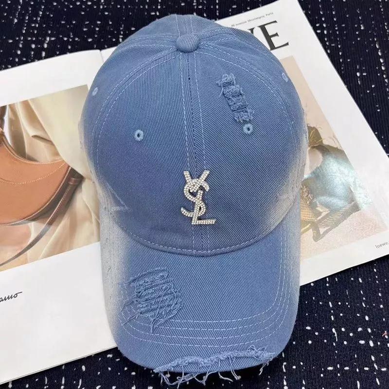 Saint Laurent Baseball Cap In Washed Denim with Cassandre Crystals Blue 0112