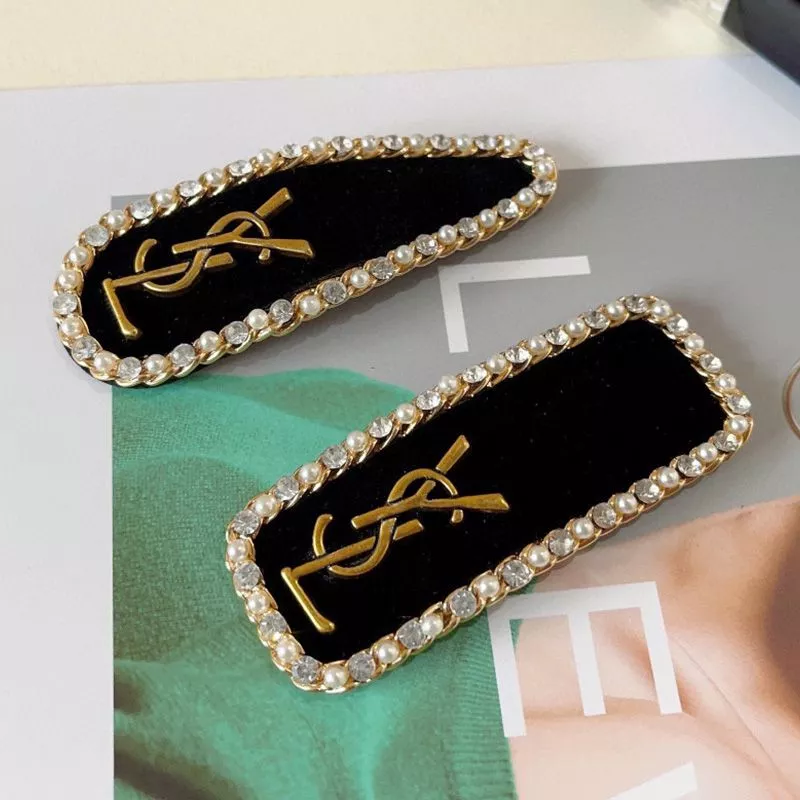 Saint Laurent Cassandre Snap Hair Clip In Suede and Steel with Rhinestones Pearls Black 0112