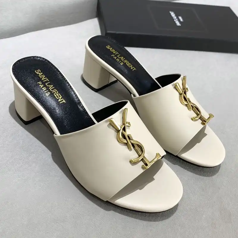 Cheap Saint Laurent Monogram Heeled Slides Women Smooth Leather Beige Gold 0130