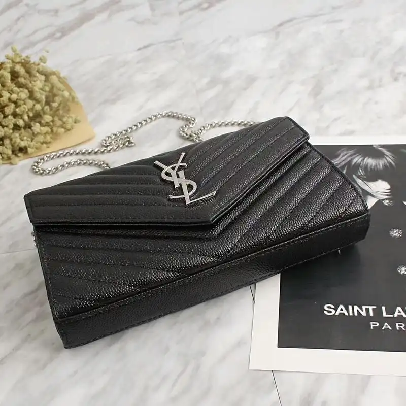 Cheap Saint Laurent Large Monogram Chain Wallet In Grained Matelasse Leather Black Silver 0131