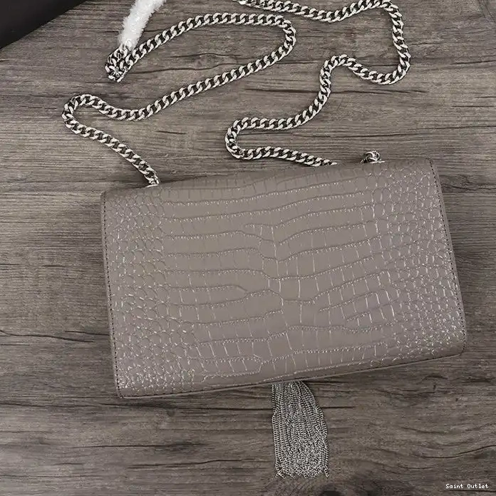 Cheap Saint Bag Laurent Medium Grey Leather Silver Kate Crocodile Embossed Shiny Chain with Tassel In 0211