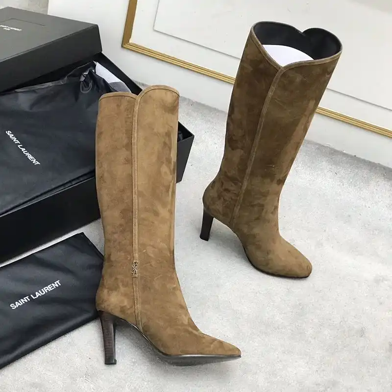 Cheap Saint Laurent Jane Knee Boots with YSL Signature Women Suede Brown 0206