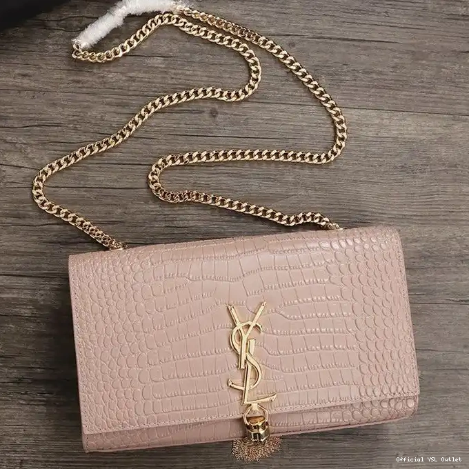 Cheap Shiny Embossed Kate with Laurent Pink Saint Gold Leather Tassel Crocodile Chain In Bag Medium 0214