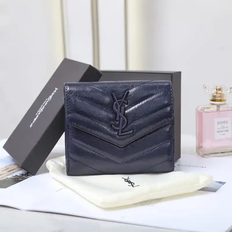 Cheap Saint Laurent Small Monogram Trifold Wallet In Crinkled Matelasse Leather Navy Blue 0203