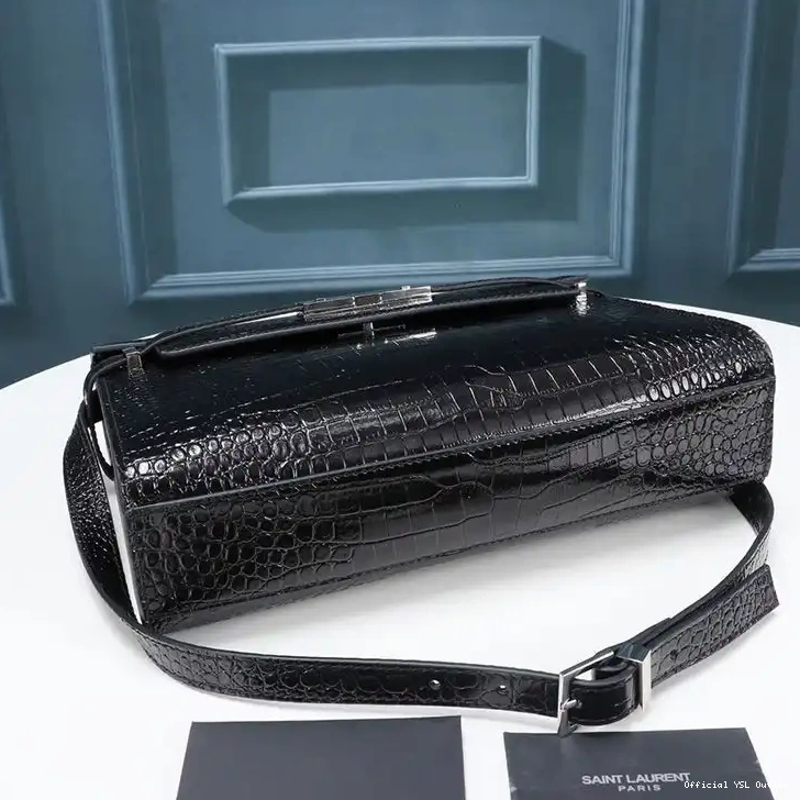 Cheap Shoulder Black In Silver Leather Laurent Saint Shiny Crocodile-Embossed Bag Manhattan 0216