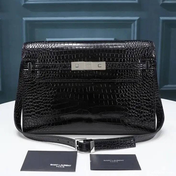 Cheap Shoulder Black In Silver Leather Laurent Saint Shiny Crocodile-Embossed Bag Manhattan 0216