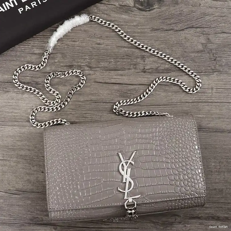 Cheap Saint Bag Laurent Medium Grey Leather Silver Kate Crocodile Embossed Shiny Chain with Tassel In 0211