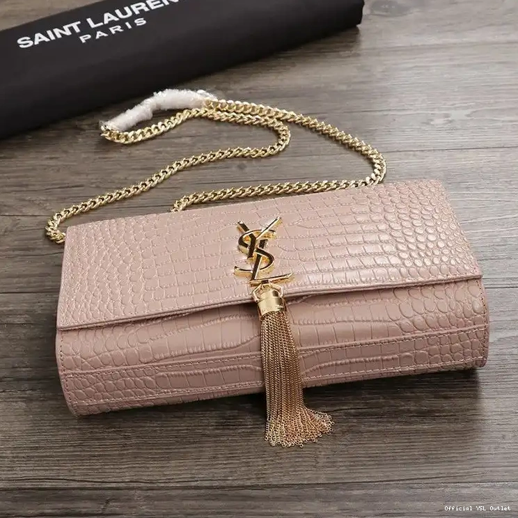 Cheap Shiny Embossed Kate with Laurent Pink Saint Gold Leather Tassel Crocodile Chain In Bag Medium 0214