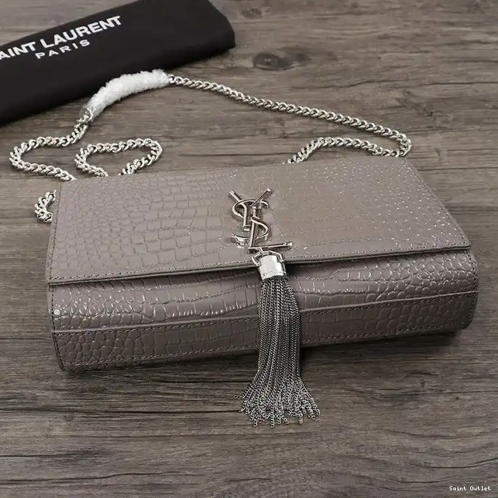 Cheap Saint Bag Laurent Medium Grey Leather Silver Kate Crocodile Embossed Shiny Chain with Tassel In 0211