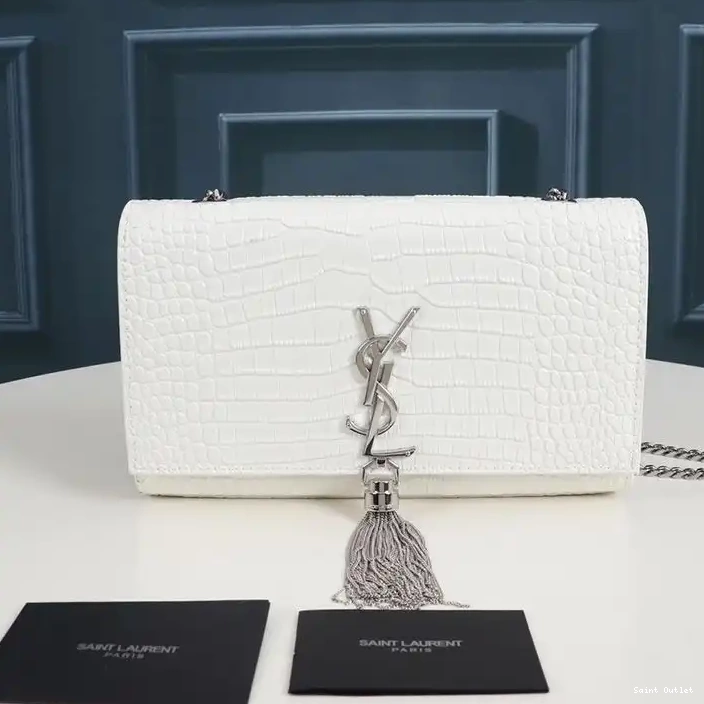 Cheap Chain Tassel White Crocodile In Medium Shiny Silver Saint Kate Laurent Embossed with Leather Bag 0210