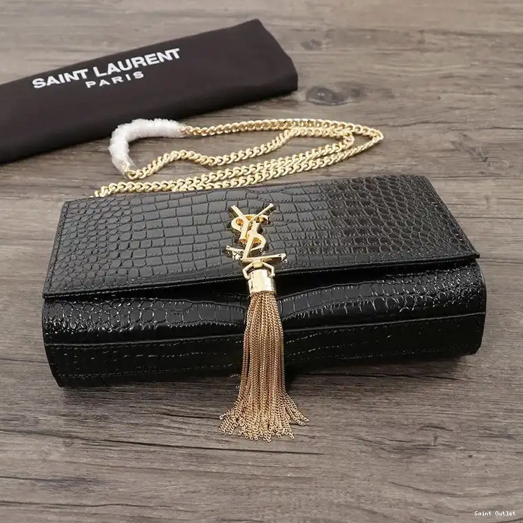 Cheap Kate Leather Chain In Crocodile Shiny Bag Embossed with Gold Saint Black Medium Tassel Laurent 0217