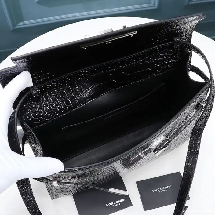 Cheap Shoulder Black In Silver Leather Laurent Saint Shiny Crocodile-Embossed Bag Manhattan 0216