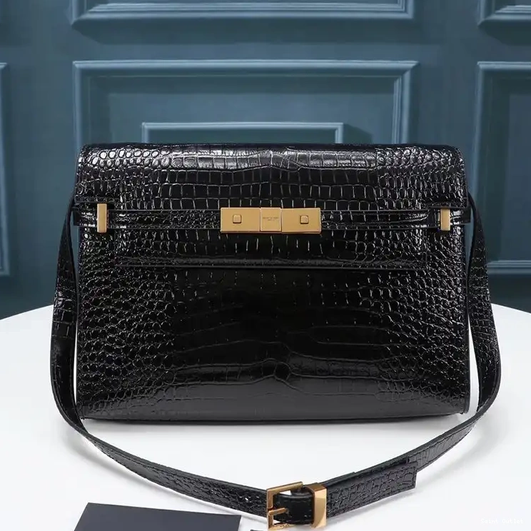 Cheap Shoulder In Laurent Manhattan Gold Leather Shiny Bag Saint Black Crocodile-Embossed 0210