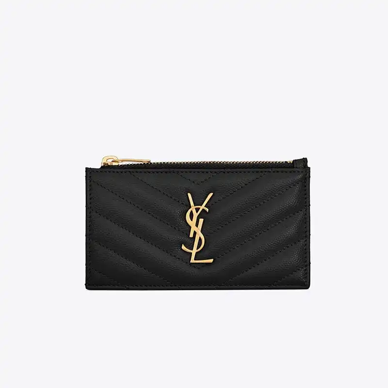 Cheap Saint Laurent Fragments Zipped Card Case In Grained Matelasse Leather Black Gold 0201