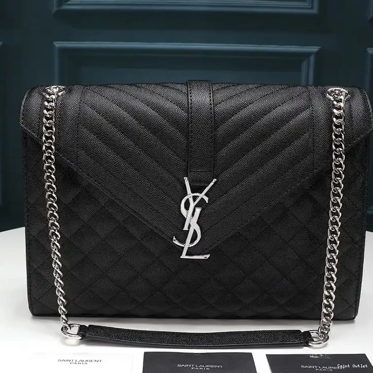 Large Grained Chain Leather Black In Silver Mixed Saint Envelope Matelasse Laurent Bag 0321